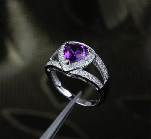 Trillion Amethyst Diamond Split Shank Engagement Ring 14k White Gold - Lord of Gem Rings