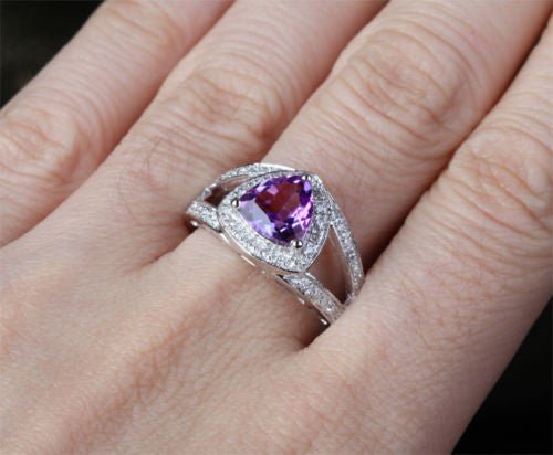 Trillion Amethyst Diamond Split Shank Engagement Ring 14k White Gold