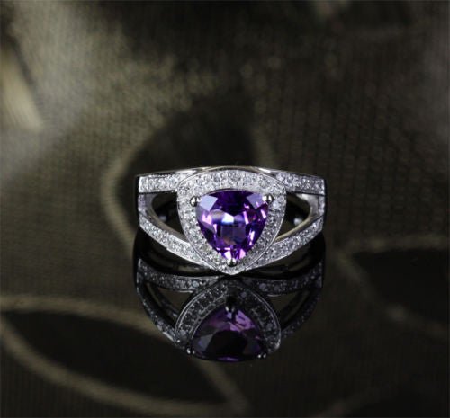 Trillion Amethyst Diamond Split Shank Engagement Ring 14k White Gold - Lord of Gem Rings