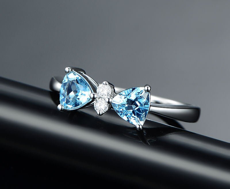 Trillion Blue Aquamarine Tie Bow Ring 14K White Gold - Lord of Gem Rings