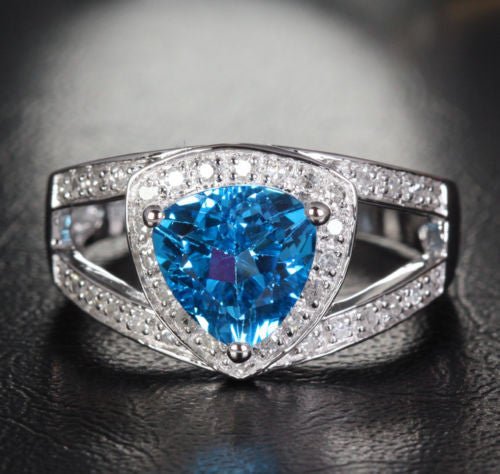 Trillion Blue Topaz Diamond Split Shank Engagement Ring