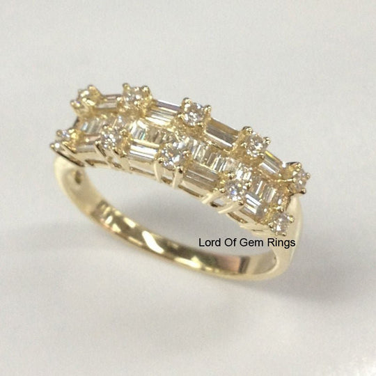 Triple Row Baguette and Round Diamond Wedding Band 14K Yellow Gold 1.62ct
