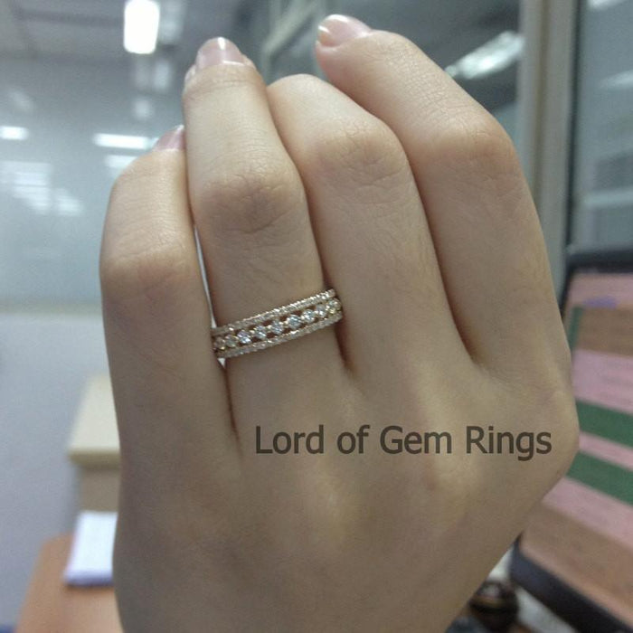 Triple Row Diamond Wedding Band Eternity Anniversary Ring 14k White Gold