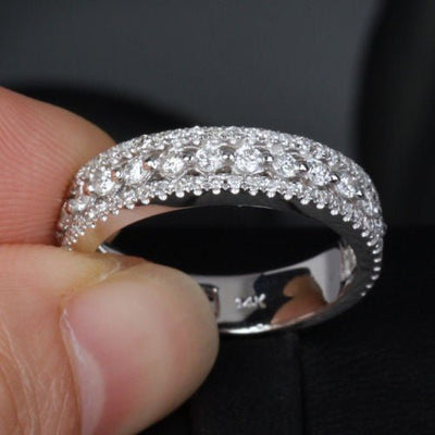 Triple Row Diamond Wedding Band Eternity Anniversary Ring 14k White Gold