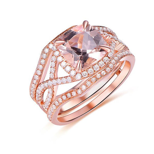 2.1ct Infinity Cushion Morganite Ring Guard Trio Bridal Set 14K Gold
