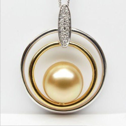 Unique 10.1mm South Sea Pearls 14K Two Tone Gold Diamonds pendant For Necklace