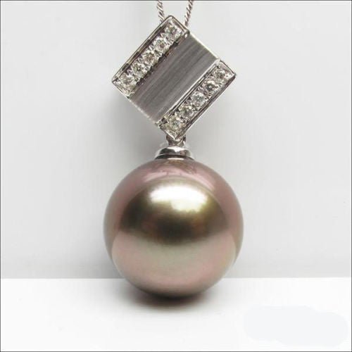 Unique 10.3mm Black Tahitian Pearls Solid 14K White Gold VS-SI Diamonds pendant