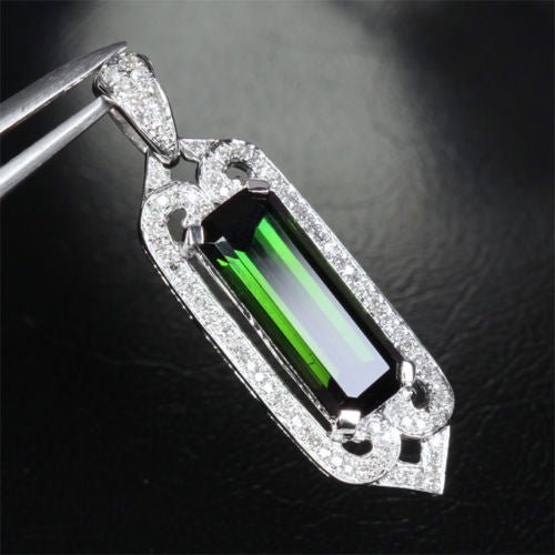 Unique 3.55ct Emerald Cut Green Tourmaline VS/H Diamonds Pendant 14K White Gold