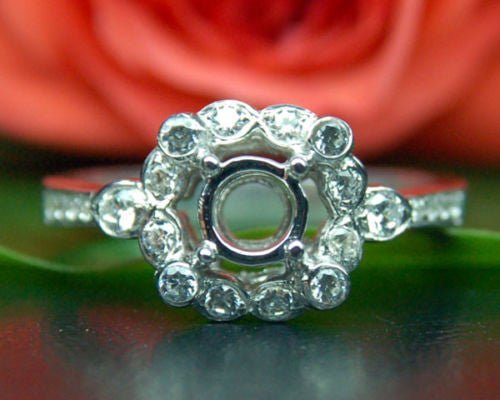 Unique 5mm Round 14K White Gold Bezel .24ct Diamonds Semi Mount Engagement Ring