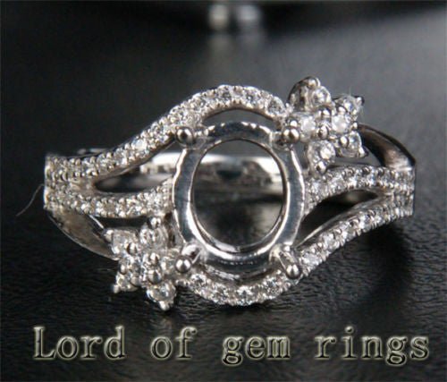 Unique 6x8mm Oval Cut Engagement Semi Mount Ring in 14K White Gold .32CT Diamond 6#