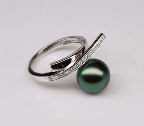 Unique Design 10mm Black Tahitian Pearl Solid 14K White Gold .25ct Diamonds Ring - Lord of Gem Rings