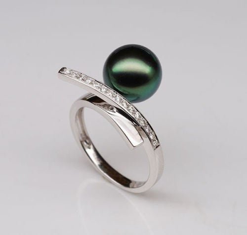 Unique Design 10mm Black Tahitian Pearl Solid 14K White Gold .25ct Diamonds Ring