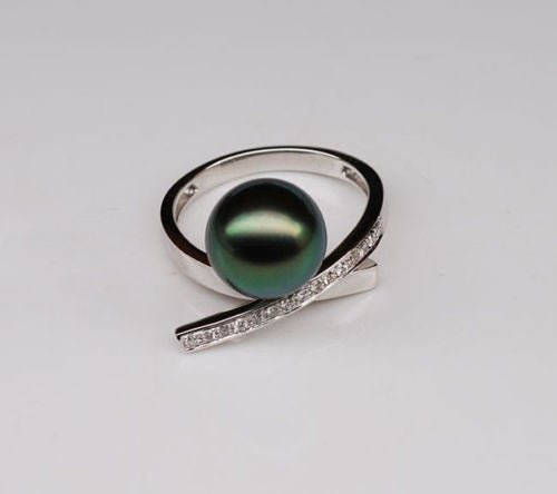 Unique Design 10mm Black Tahitian Pearl Solid 14K White Gold .25ct Diamonds Ring - Lord of Gem Rings
