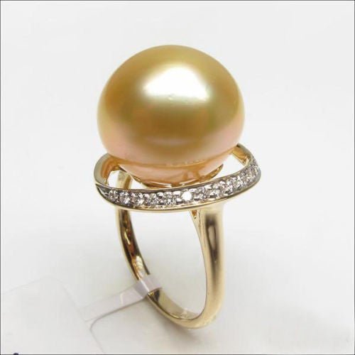 Unique Design 11mm South Sea Pearl Diamond Ring 14K Yellow Gold