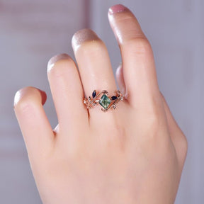 Unique Rhombus Cut Natural Moss Agate Marquise Blue Sandstone Engagement Ring - Lord of Gem Rings