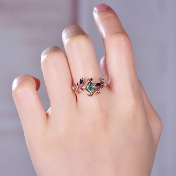 Unique Rhombus Cut Natural Moss Agate Marquise Blue Sandstone Engagement Ring - Lord of Gem Rings