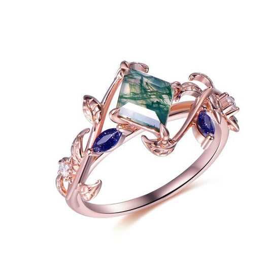 Unique Rhombus Cut Natural Moss Agate Marquise Blue Sandstone Engagement Ring