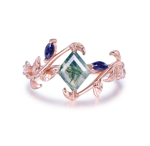 Unique Rhombus Cut Natural Moss Agate Marquise Blue Sandstone Engagement Ring - Lord of Gem Rings