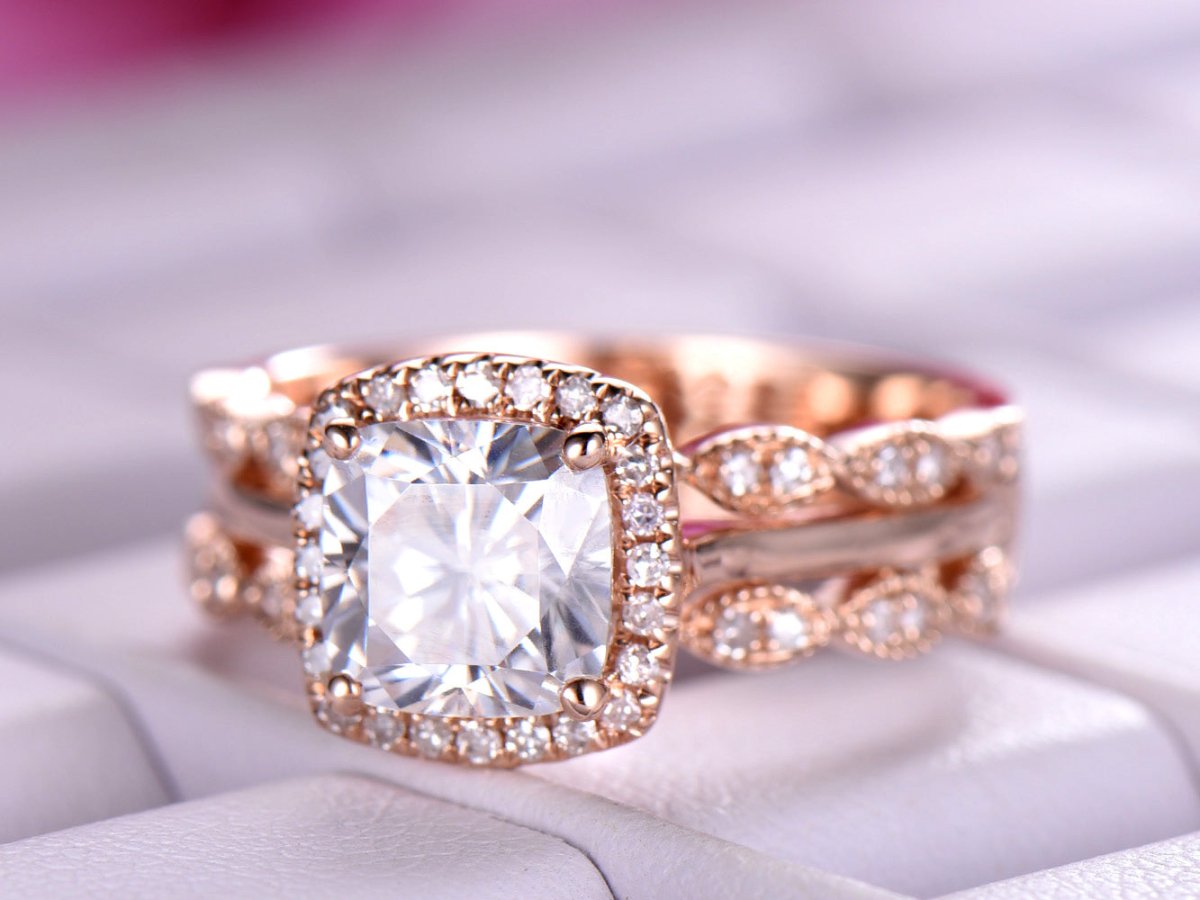 United-as-One Cushion Moissanite Engagement Ring Set - Lord of Gem Rings