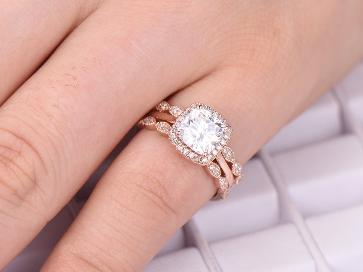 United-as-One Cushion Moissanite Engagement Ring Set - Lord of Gem Rings