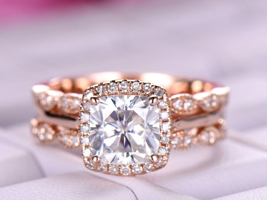 United-as-One Cushion Moissanite Engagement Ring Set
