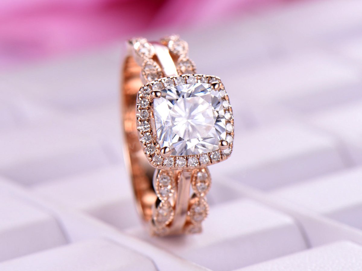 United-as-One Cushion Moissanite Engagement Ring Set - Lord of Gem Rings