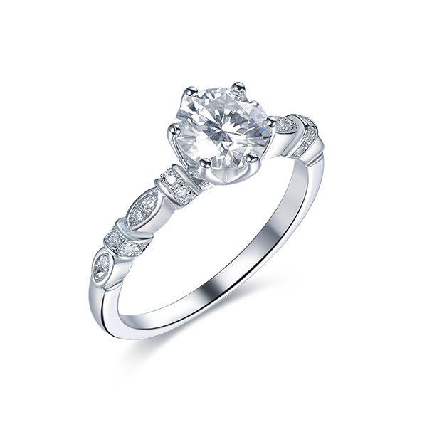 Vintage 1ct Round Moissanite Engagement Ring Art Deco Band 14K White Gold - Lord of Gem Rings