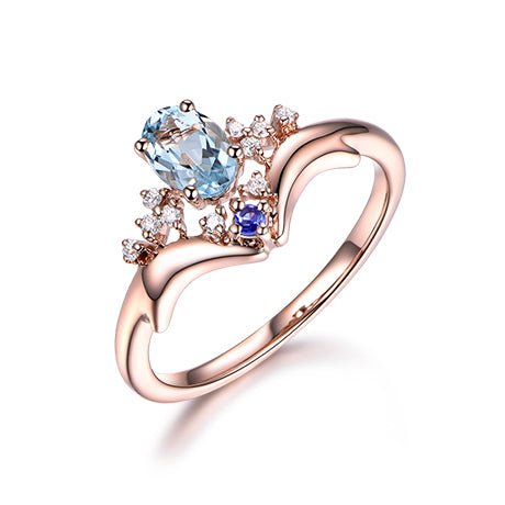 Vintage 2A Oval Aquamarine Cute Dolphin Ring 18K White Gold