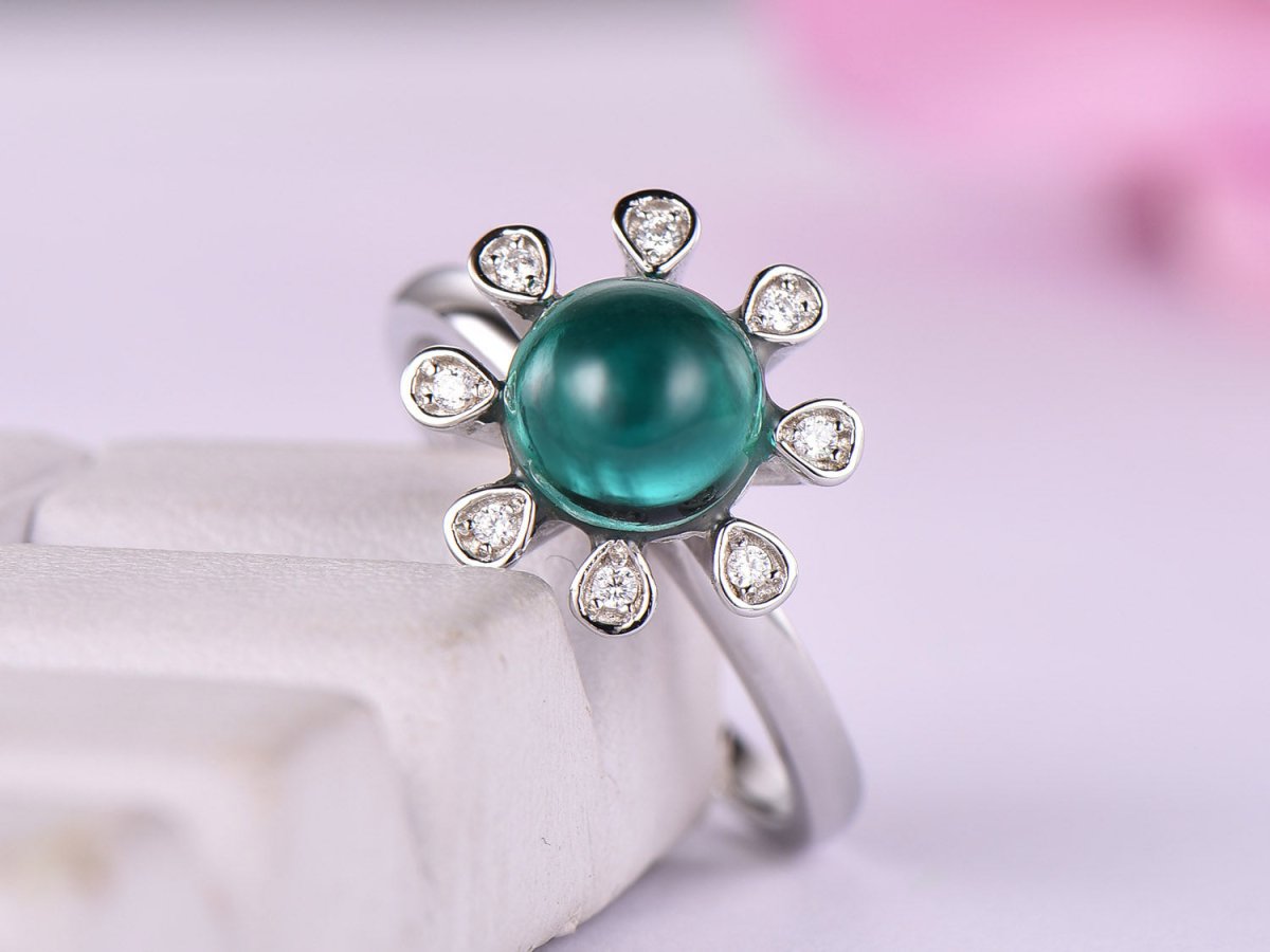 Vintage Bezel set Round Cabochon Emerald Ring Diamond Halo - Lord of Gem Rings
