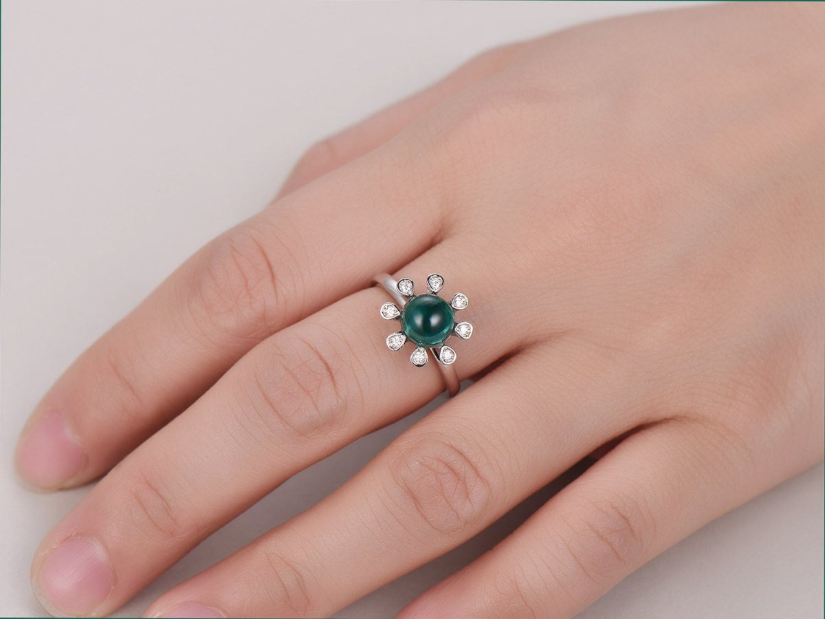 Vintage Bezel set Round Cabochon Emerald Ring Diamond Halo - Lord of Gem Rings