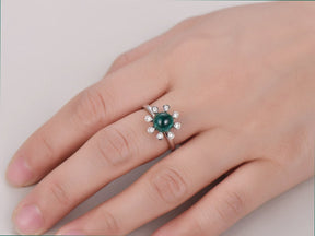 Vintage Bezel set Round Cabochon Emerald Ring Diamond Halo - Lord of Gem Rings