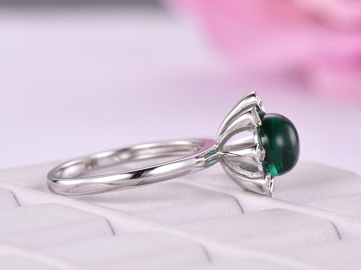 Vintage Bezel set Round Cabochon Emerald Ring Diamond Halo - Lord of Gem Rings