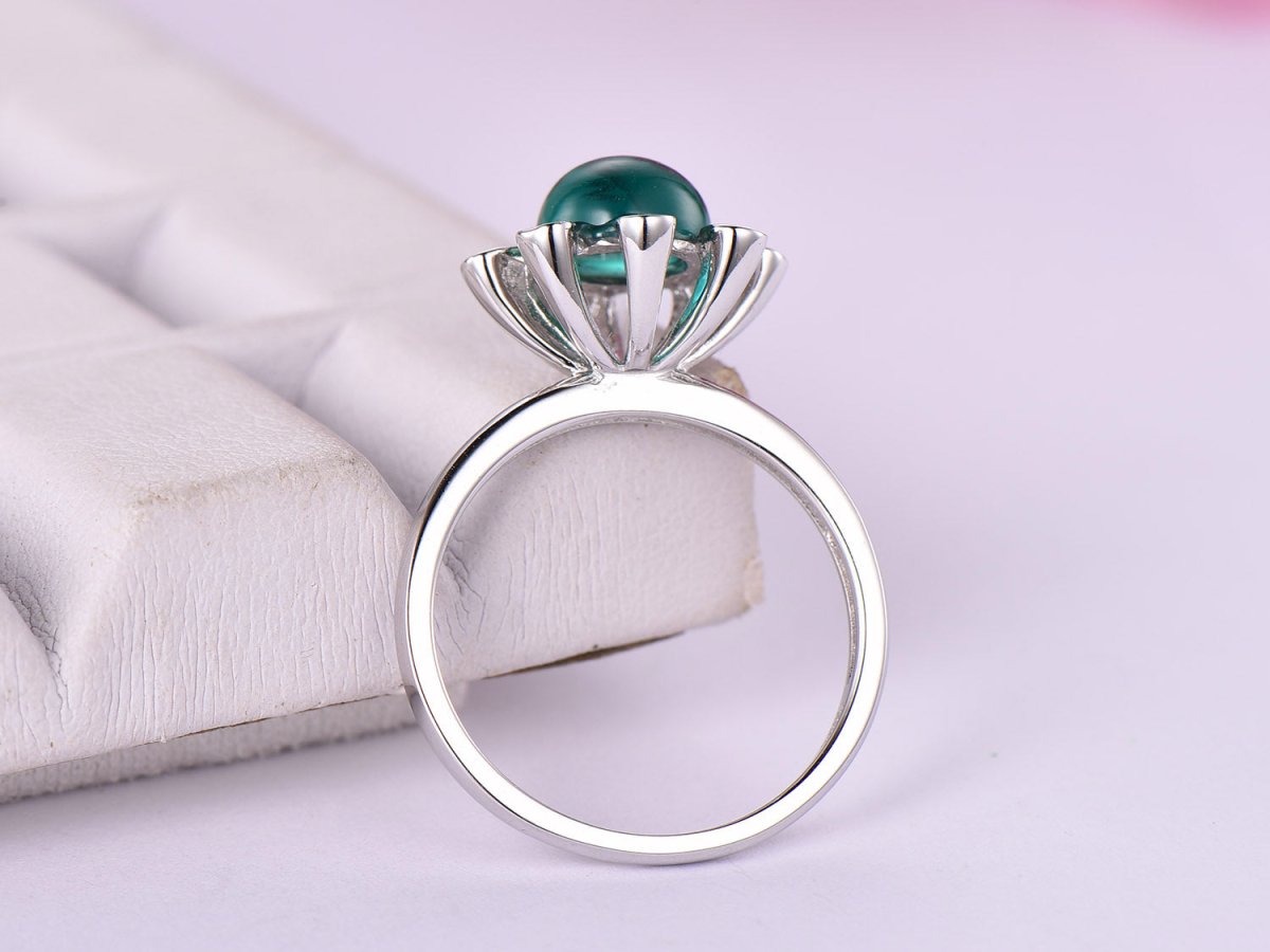 Vintage Bezel set Round Cabochon Emerald Ring Diamond Halo - Lord of Gem Rings