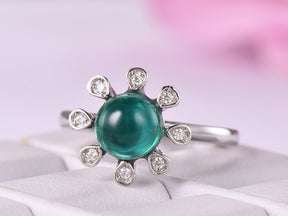 Vintage Bezel set Round Cabochon Emerald Ring Diamond Halo - Lord of Gem Rings
