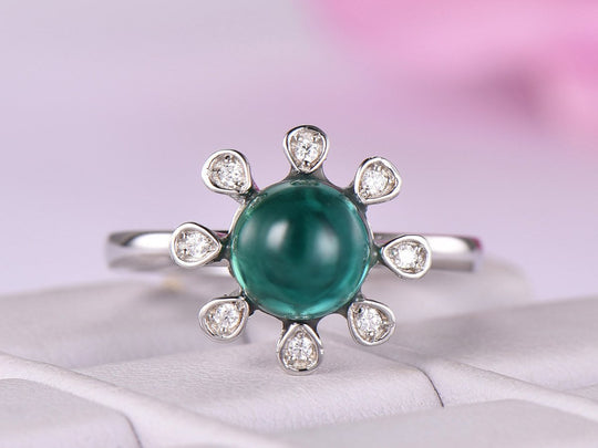 Vintage Bezel set Round Cabochon Emerald Ring Diamond Halo