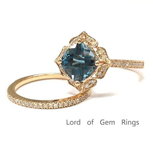 Vintage Cushion London Blue Topaz Diamond Bridal Set 14K Rose Gold