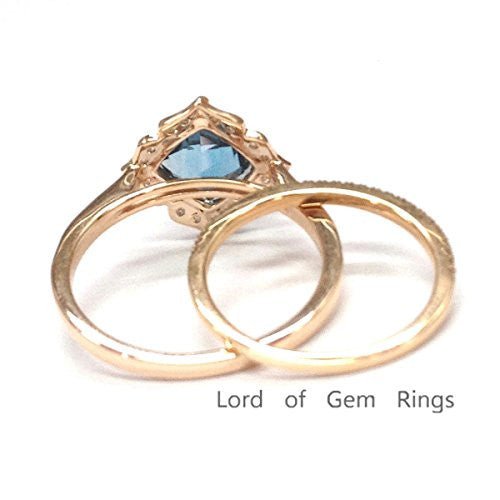 Vintage Cushion London Blue Topaz Diamond Bridal Set 14K Rose Gold - Lord of Gem Rings