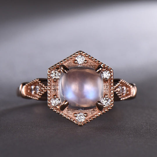 Vintage Cushion Moonstone Diamond Hexgon Halo Milgrain Ring
