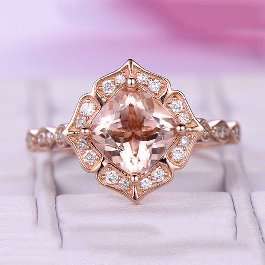 1.5ct Vintage Cushion Morganite Cathedral Ring Floral Halo 18K Gold