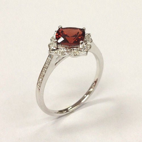Vintage Cushion Red Garnet Floral Diamond Halo Engagement Ring - Lord of Gem Rings