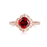 Vintage Cushion Red Garnet Floral Diamond Halo Engagement Ring - Lord of Gem Rings