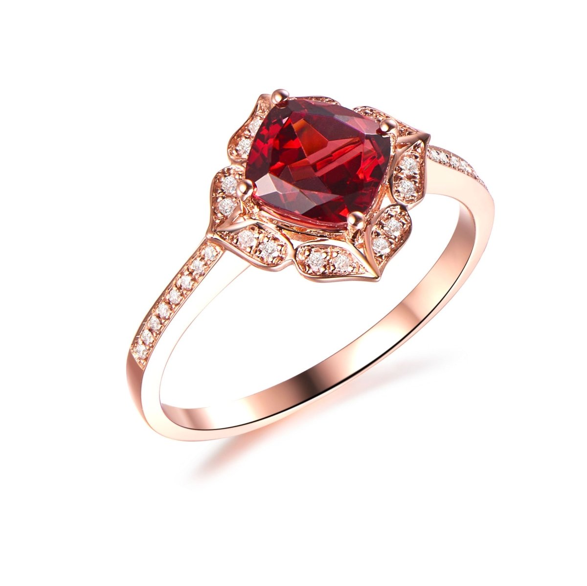 Vintage Cushion Red Garnet Floral Diamond Halo Engagement Ring - Lord of Gem Rings