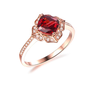 Vintage Cushion Red Garnet Floral Diamond Halo Engagement Ring - Lord of Gem Rings
