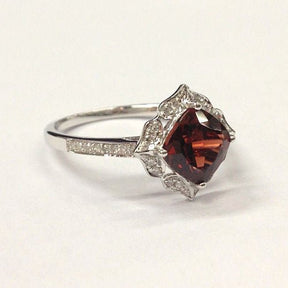 Vintage Cushion Red Garnet Floral Diamond Halo Engagement Ring - Lord of Gem Rings