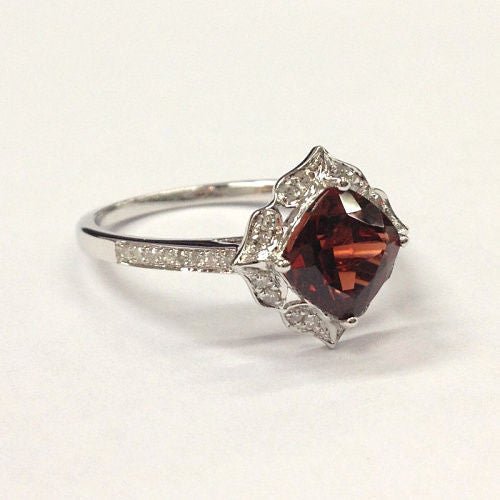 Vintage Cushion Red Garnet Floral Diamond Halo Engagement Ring - Lord of Gem Rings