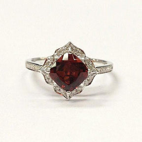 Vintage Cushion Red Garnet Floral Diamond Halo Engagement Ring - Lord of Gem Rings