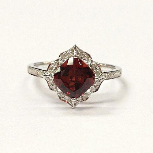 Vintage Cushion Red Garnet Floral Diamond Halo Engagement Ring - Lord of Gem Rings