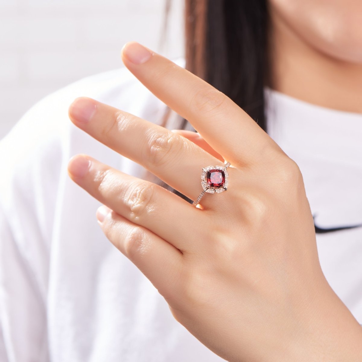 Vintage Cushion Red Garnet Floral Diamond Halo Engagement Ring - Lord of Gem Rings