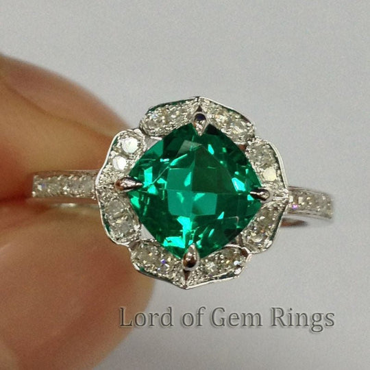 Vintage Diamond Floral Halo Cushion Emerald Engagement Ring