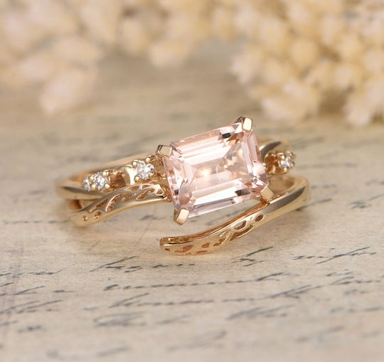 Vintage E-W Direction Emerald Cut Morganite Ring 14K Yellow Gold
